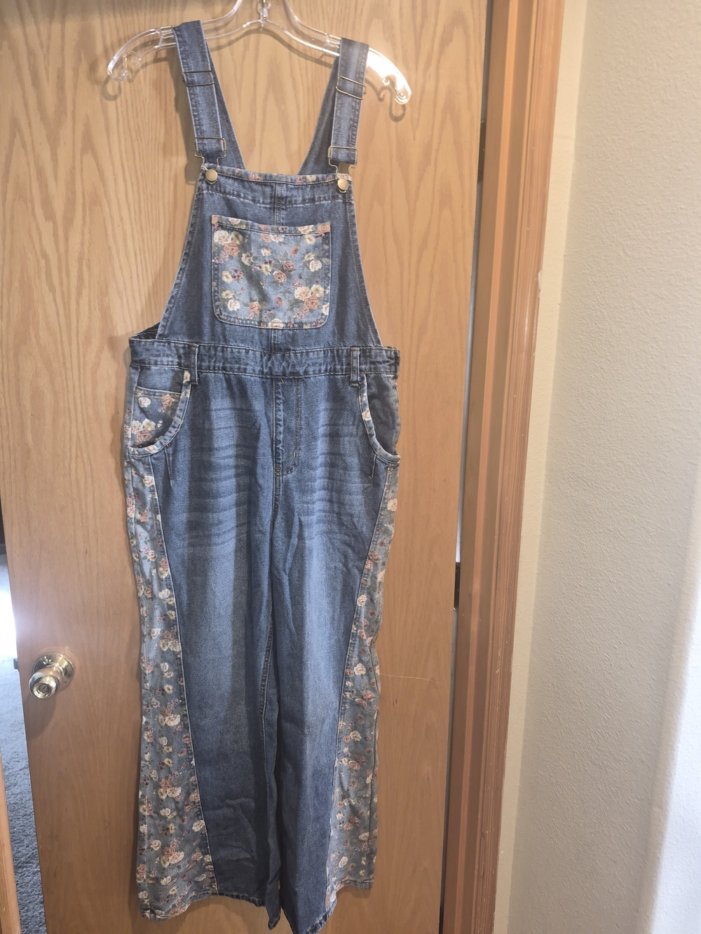 Denim Floral-Trim Women’s Overalls - Blue